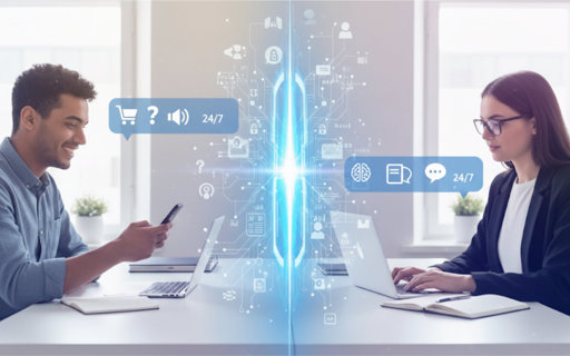 En man och en kvinna sitter mittemot varandra vid skrivbord, mannen använder mobiltelefon och kvinnan laptop. Mellan dem syns digitala ikoner för AI-assistenter och 24/7 kundsupport.
