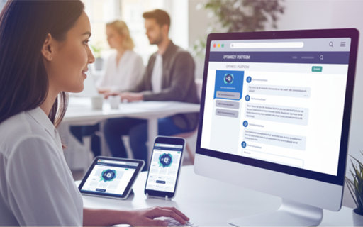 Kvinna arbetar vid dator med Optimizely-plattformen öppen, medan surfplatta och mobil visar samma gränssnitt. Kollegor sitter och samarbetar i bakgrunden.