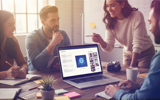 En grupp unga personer samarbetar runt ett bord med en laptop som visar en presentation om AI och kreativa projekt. En kvinna står och pekar mot skärmen medan de andra deltar i diskussionen.