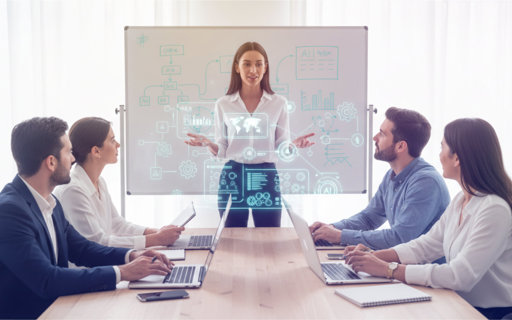 En kvinna leder en workshop framför en whiteboard med ritade flödesscheman. Fyra kollegor sitter runt bordet med laptops och anteckningsblock och lyssnar uppmärksamt.