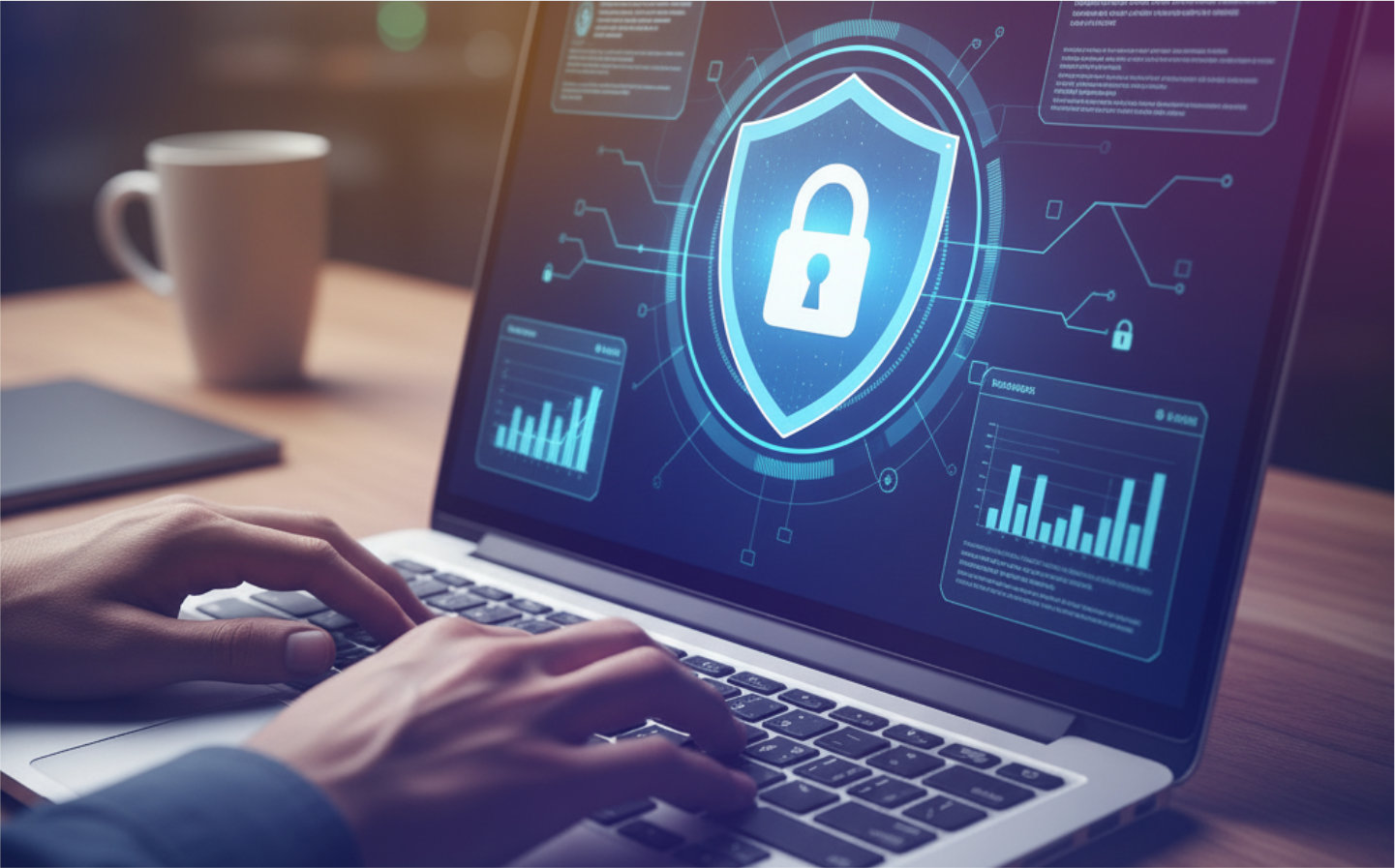 Närbild på händer som skriver på en laptop med en skärm som visar en digital illustration av ett lås i en sköld, symbol för cybersäkerhet, omgiven av grafer och dataelement