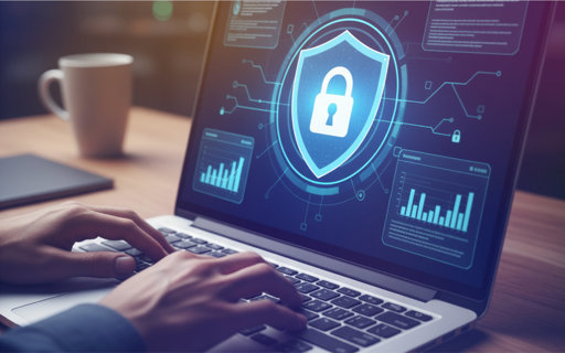 Närbild på händer som skriver på en laptop med en skärm som visar en digital illustration av ett lås i en sköld, symbol för cybersäkerhet, omgiven av grafer och dataelement.