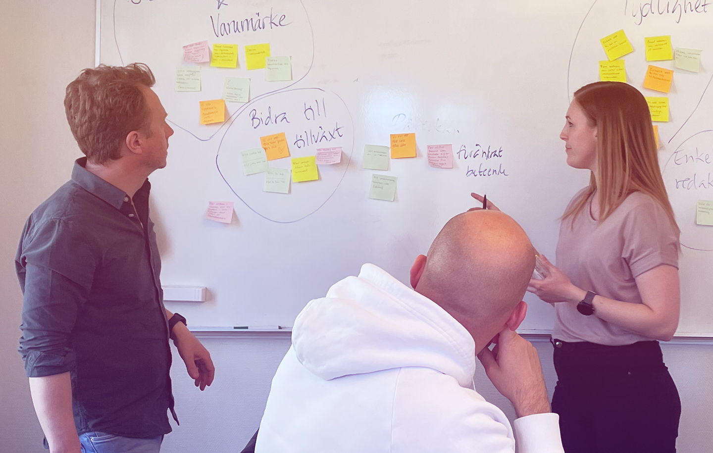 En man och en kvinna diskuterar över postit-lappar uppsatta på en whiteboard