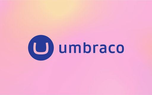 Umbraco-logotyp med blå symbol och text på rosa bakgrund.