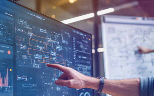 Hand pekar på en digital skärm med komplexa flödesscheman och data, whiteboard i bakgrunden.