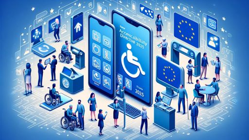 Tillgänglighetsdirektivet 2025: En Inkluderande Digital Framtid Ett tjugotal personer interagerar med väldigt stora digitala enheter och automater. Tre sitter i rullstol, två använder vit käpp. På två stora skärmar visas en EU-flagga. Illustration.