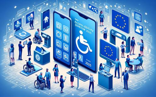 Tillgänglighetsdirektivet 2025: En Inkluderande Digital Framtid Ett tjugotal personer interagerar med väldigt stora digitala enheter och automater. Tre sitter i rullstol, två använder vit käpp. På två stora skärmar visas en EU-flagga. Illustration.