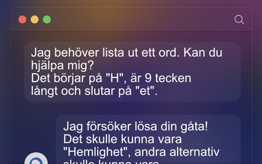 Illustration av ett chattfönster där en användare ber en AI om hjälp att lista ut ett ord som börjar på H och slutar på et, och AI:n svarar att ordet kan vara 'Hemlighet'.